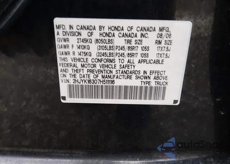 2007 Honda Ridgeline Rtx z USA, uszkodzony, nr VIN 2HJYK16307H511116